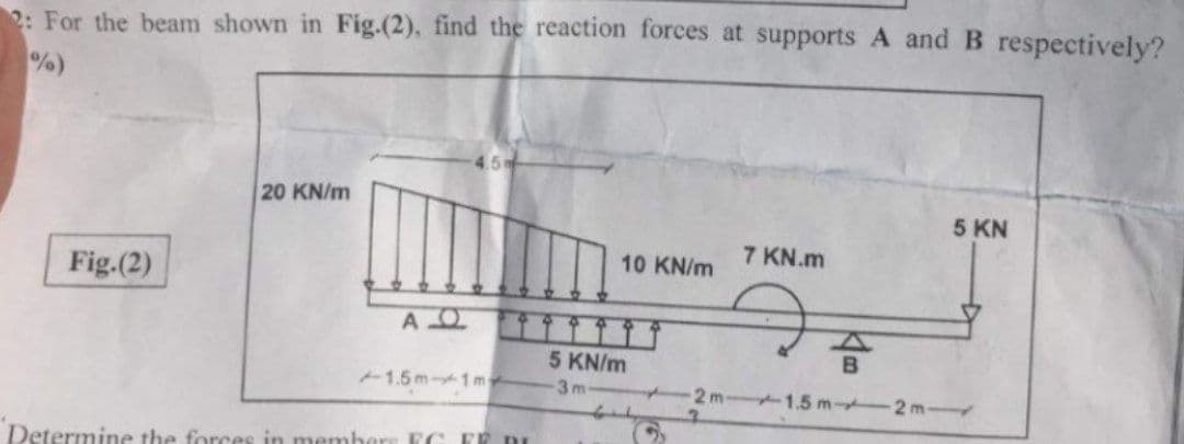 2: For the beam shown in Fig.(2), find the reaction forces at supports A and B respectively?
%)
20 KN/m
5 KN
7 KN.m
10 KN/m
Fig.(2)
Fo
A O
1.5m-1m
2m-1.5 m-2m-
3
Determine the forces in members FC FE DI
5 KN/m
-3m-