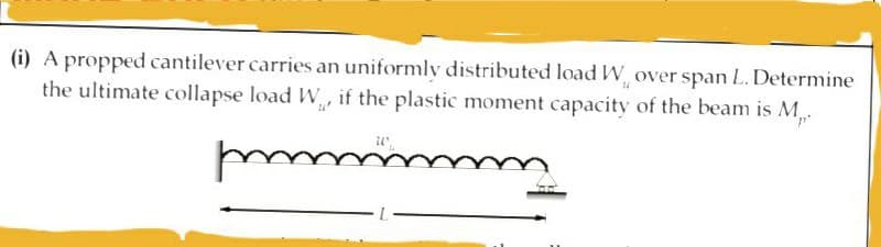 (i) A propped cantilever carries an uniformly distributed load W, over span L. Determine
the ultimate collapse load W, if the plastic moment capacity of the beam is M
m
L