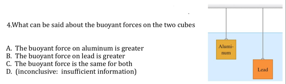 4.What can be said about the buoyant forces on the two cubes
A. The buoyant force on aluminum is greater
B. The buoyant force on lead is greater
C. The buoyant force is the same for both
D. (inconclusive: insufficient information)
Alumi-
num
Lead