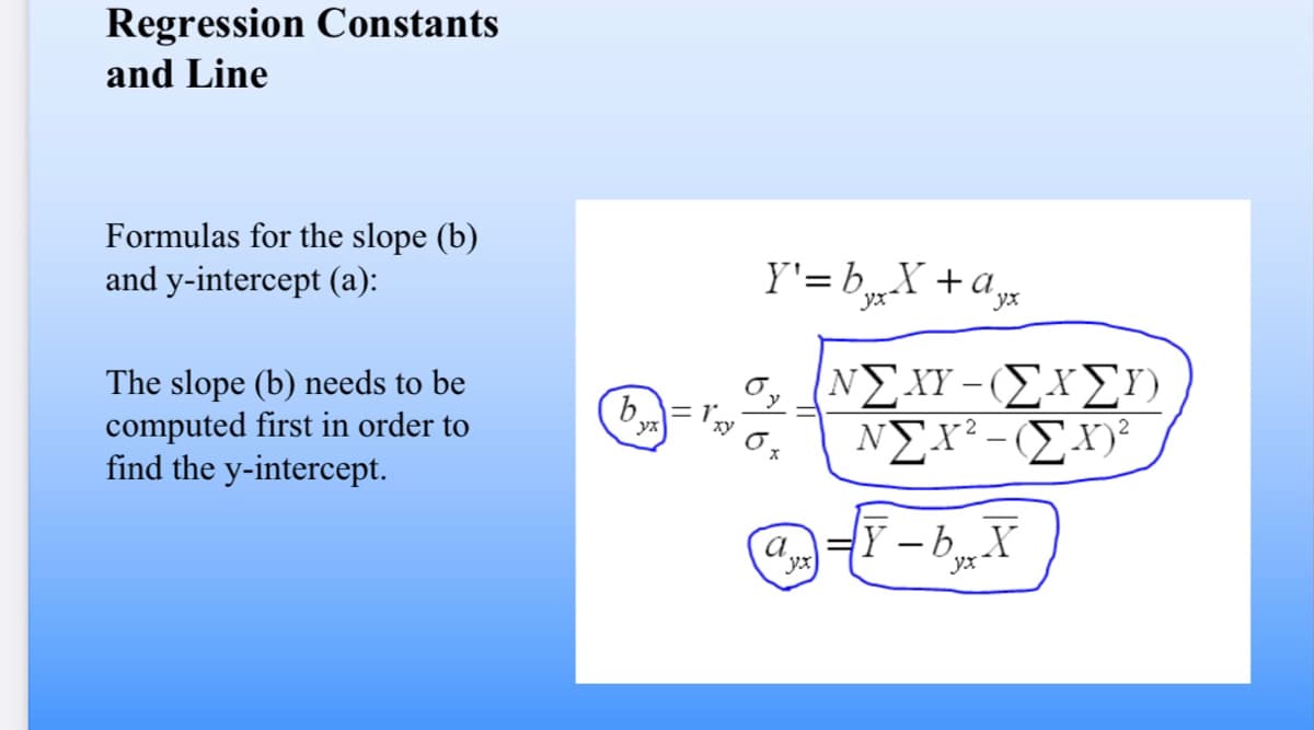 Regression Constants
and Line
Formulas for the slope (b)
and y-intercept (a):
The slope (b) needs to be
computed first in order to
find the y-intercept.
yx
Y₁ = byx-X + ayx
Y'=bX+a
ΝΣΑΥ -(ΣΑΣ)
ΝΣΥ - (Σ.Υ)
@-F-bX
=
yx