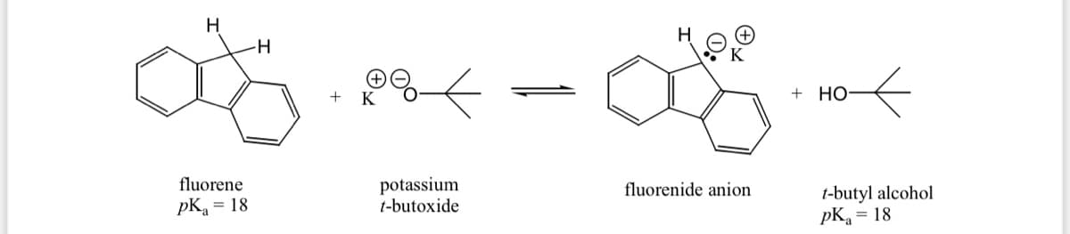 H
-H
1
+ Но
potassium
t-butoxide
fluorene
fluorenide anion
t-butyl alcohol
pK = 18
pKa
= 18
