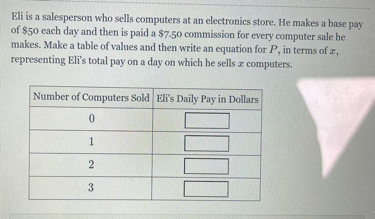 Eli is a salesperson who sells computers at an electronics store. He makes a base pay
of $50 each day and then is paid a $7.50 commission for every computer sale he
makes. Make a table of values and then write an equation for P, in terms of x,
representing Eli's total pay on a day on which he sells a computers.
Number of Computers Sold Eli's Daily Pay in Dollars
0
1
2
3