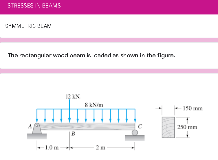 STRESSES IN BEAMS
SYMMETRIC BEAM
The rectangular wood beam is loaded as shown in the figure.
12 kN.
8 kN/m
A
C
B
1.0 m
2 m
150 mm
250 mm