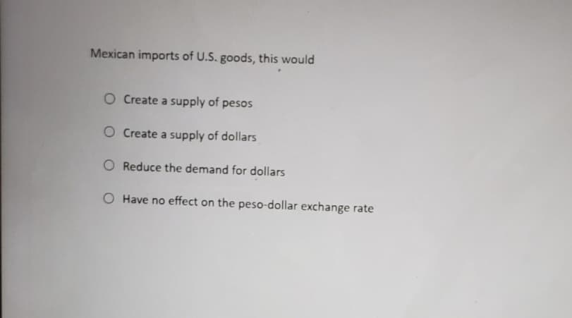 Mexican imports of U.S. goods, this would
O Create a supply of pesos
O Create a supply of dollars
Reduce the demand for dollars
O Have no effect on the peso-dollar exchange rate