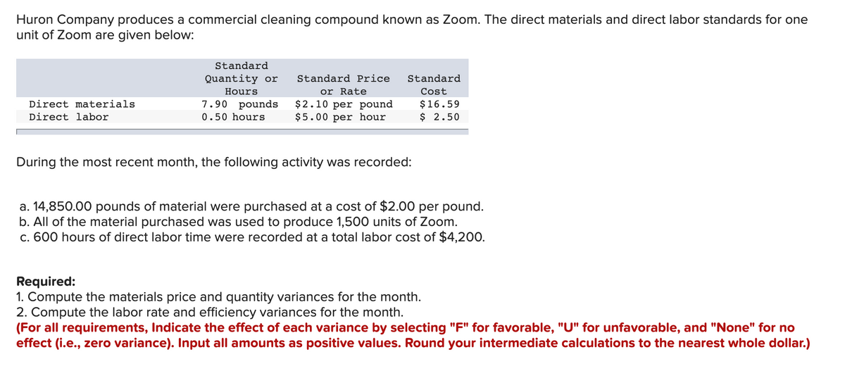 Huron Company produces a commercial cleaning compound known as Zoom. The direct materials and direct labor standards for one
unit of Zoom are given below:
Standard
Quantity or
Standard Price
Standard
Hours
or Rate
Cost
Direct materials
7.90 pounds
$2.10 per pound
$5.00 per hour
$16.59
Direct labor
0.50 hours
$ 2.50
During the most recent month, the following activity was recorded:
a. 14,850.00 pounds of material were purchased at a cost of $2.00 per pound.
b. All of the material purchased was used to produce 1,500 units of Zoom.
c. 600 hours of direct labor time were recorded at a total labor cost of $4,200.
Required:
1. Compute the materials price and quantity variances for the month.
2. Compute the labor rate and efficiency variances for the month.
(For all requirements, Indicate the effect of each variance by selecting "F" for favorable, "U" for unfavorable, and "None" for no
effect (i.e., zero variance). Input all amounts as positive values. Round your intermediate calculations to the nearest whole dollar.)

