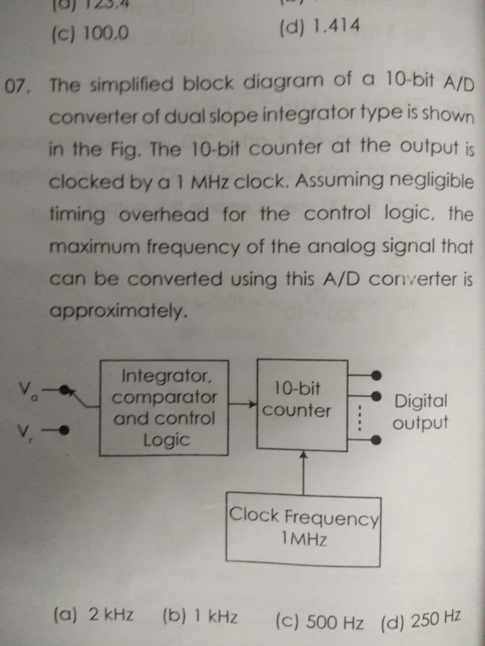 (c) 100.0
(d) 1.414
07. The simplified block diagram of a 10-bit A/D
converter of dual slope integrator type is shown
in the Fig. The 10-bit counter at the output is
clocked by a1 MHz clock. Assuming negligible
fiming overhead for the control logic, the
maximum frequency of the analog signal that
can be converted using this A/D converter is
approximately.
Integrator,
comparator
and control
10-bit
Digital
output
Counter
Logic
Clock Frequency
1MHZ
(a) 2 kHz
(b) 1 kHz
(c) 500 Hz (d) 250 Hz
