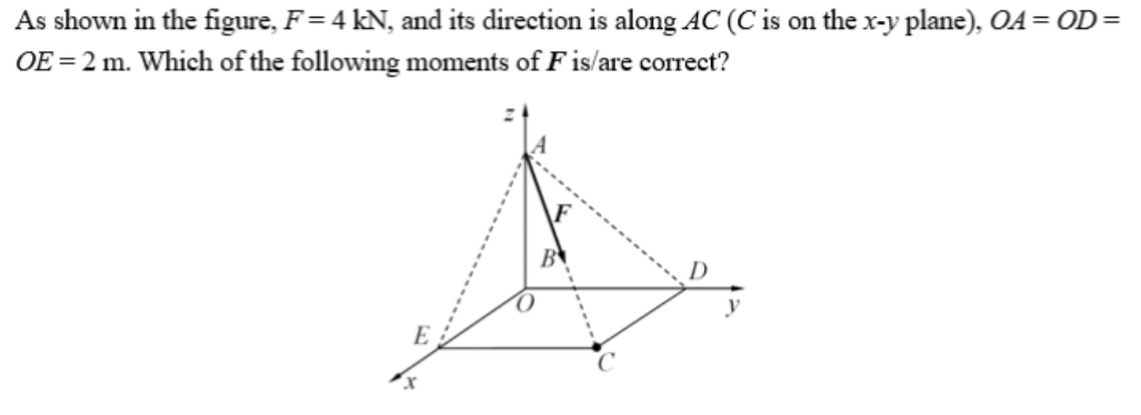 As shown in the figure, F = 4 kN, and its direction is along AC (C is on the x-y plane), OA = OD=
OE = 2 m. Which of the following moments of Fis/are correct?
E