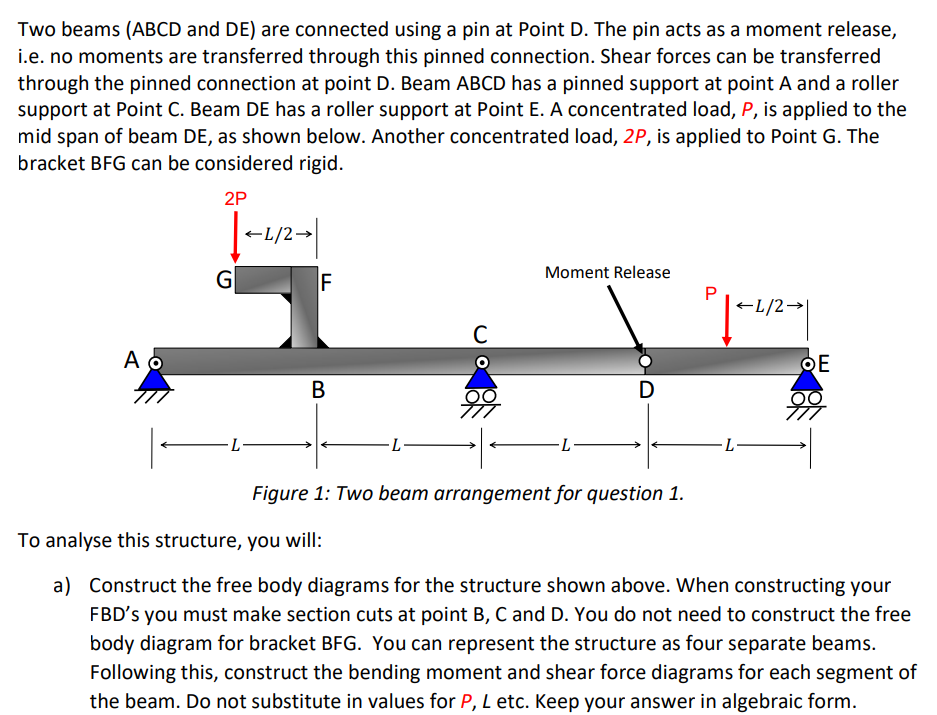 Two beams (ABCD and DE) are connected using a pin at Point D. The pin acts as a moment release,
i.e. no moments are transferred through this pinned connection. Shear forces can be transferred
through the pinned connection at point D. Beam ABCD has a pinned support at point A and a roller
support at Point C. Beam DE has a roller support at Point E. A concentrated load, P, is applied to the
mid span of beam DE, as shown below. Another concentrated load, 2P, is applied to Point G. The
bracket BFG can be considered rigid.
A o
G
2P
|<L/2-|
F
C
B
Moment Release
P
←L/2→
OE
D
-L-
L
Figure 1: Two beam arrangement for question 1.
To analyse this structure, you will:
a) Construct the free body diagrams for the structure shown above. When constructing your
FBD's you must make section cuts at point B, C and D. You do not need to construct the free
body diagram for bracket BFG. You can represent the structure as four separate beams.
Following this, construct the bending moment and shear force diagrams for each segment of
the beam. Do not substitute in values for P, L etc. Keep your answer in algebraic form.