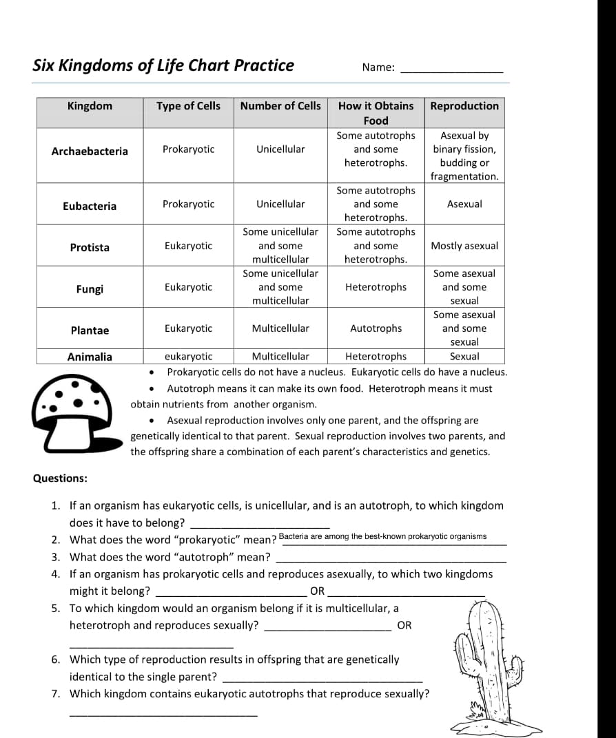 Six Kingdoms of Life Chart Practice
Name:
Kingdom
Type of Cells
Number of Cells
How it Obtains
Reproduction
Food
Asexual by
binary fission,
budding or
fragmentation.
Some autotrophs
Archaebacteria
Prokaryotic
Unicellular
and some
heterotrophs.
Some autotrophs
Eubacteria
Prokaryotic
Unicellular
and some
Asexual
heterotrophs.
Some autotrophs
Some unicellular
Protista
Eukaryotic
and some
and some
Mostly asexual
multicellular
heterotrophs.
Some unicellular
Some asexual
Fungi
Eukaryotic
and some
Heterotrophs
and some
multicellular
sexual
Some asexual
Plantae
Eukaryotic
Multicellular
Autotrophs
and some
sexual
Animalia
eukaryotic
Multicellular
Heterotrophs
Sexual
Prokaryotic cells do not have a nucleus. Eukaryotic cells do have a nucleus.
Autotroph means it can make its own food. Heterotroph means it must
obtain nutrients from another organism.
Asexual reproduction involves only one parent, and the offspring are
genetically identical to that parent. Sexual reproduction involves two parents, and
the offspring share a combination of each parent's characteristics and genetics.
Questions:
1. If an organism has eukaryotic cells, is unicellular, and is an autotroph, to which kingdom
does it have to belong?
2. What does the word "prokarvotic" mean? Bacteria are among the best-known prokaryotic organisms
3. What does the word "autotroph" mean?
4. If an organism has prokaryotic cells and reproduces asexually, to which two kingdoms
might it belong?
OR
5. To which kingdom would an organism belong if it is multicellular, a
heterotroph and reproduces sexually?
OR
6. Which type of reproduction results in offspring that are genetically
identical to the single parent?
7. Which kingdom contains eukaryotic autotrophs that reproduce sexually?
