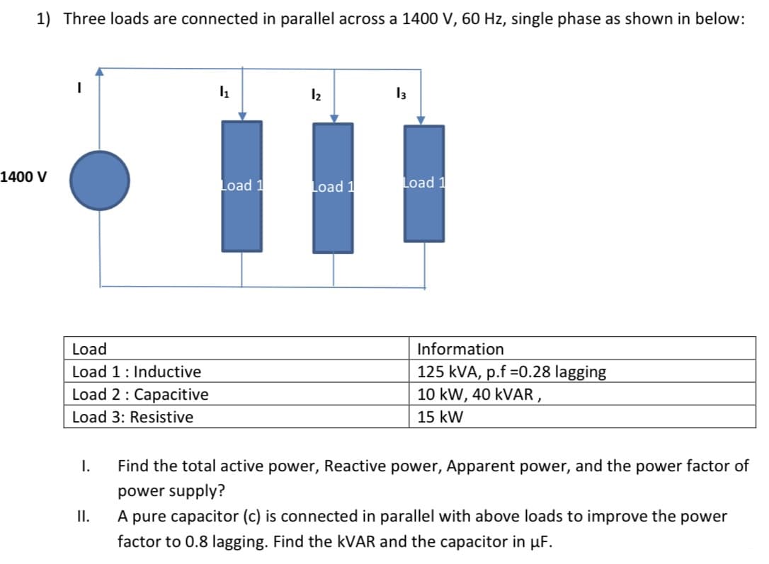 1) Three loads are connected in parallel across a 1400 V, 60 Hz, single phase as shown in below:
1400 V
I
Load
Load 1: Inductive
Load 2: Capacitive
Load 3: Resistive
I.
II.
1₁
Load 1
1₂
Load 1
13
Load 1
Information
125 kVA, p.f =0.28 lagging
10 kW, 40 kVAR,
15 kW
Find the total active power, Reactive power, Apparent power, and the power factor of
power supply?
A pure capacitor (c) is connected in parallel with above loads to improve the power
factor to 0.8 lagging. Find the kVAR and the capacitor in µF.
