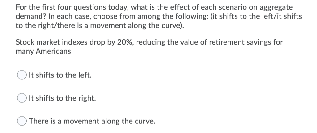 For the first four questions today, what is the effect of each scenario on aggregate
demand? In each case, choose from among the following: (it shifts to the left/it shifts
to the right/there is a movement along the curve).
Stock market indexes drop by 20%, reducing the value of retirement savings for
many Americans
It shifts to the left.
It shifts to the right.
There is a movement along the curve.