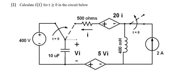 (1) Calculate i(t) for t≥ 0 in the circuit below
400 V
t=0
10 uF
500 ohms
ww
+
Vi
-
5 Vi
20 i
400 mH
гии
t=0
2 A