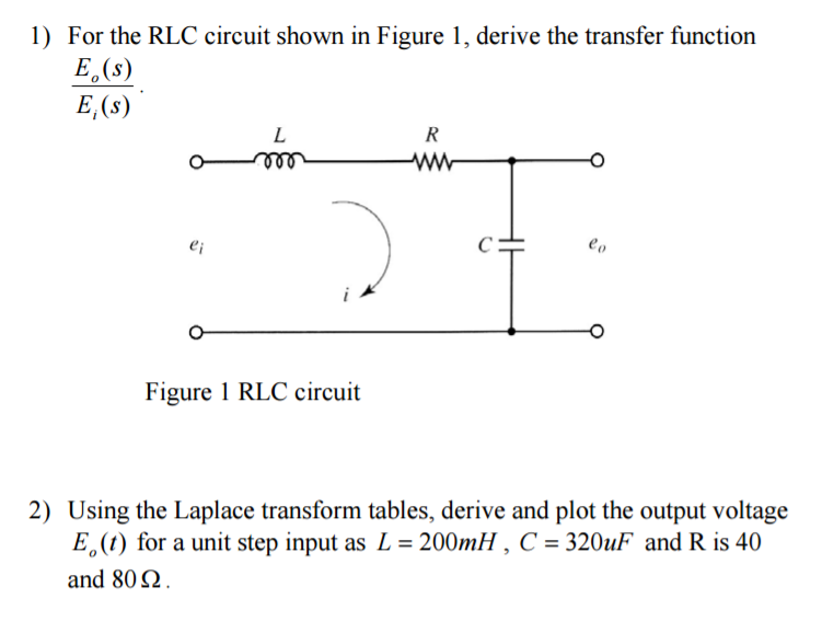 1) For the RLC circuit shown in Figure 1, derive the transfer function
E (s)
E, (s)
ei
L
Figure 1 RLC circuit
R
ww
Co
2) Using the Laplace transform tables, derive and plot the output voltage
E (t) for a unit step input as L = 200mH, C = 320uF and R is 40
and 80 Ω .
