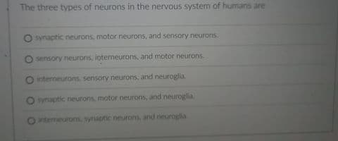 The three types of neurons in the nervous system of humans are
O synaptic neurons, motor neurons, and sensory neurons
sensory neurons, intemeurons, and motor neurons.
O interneurons, sensory neurons, and neuroglia.
O ynaptic neurons, motor neurons, and neuroglia
intemeurom, syriaptic neurons, and neuroglia
