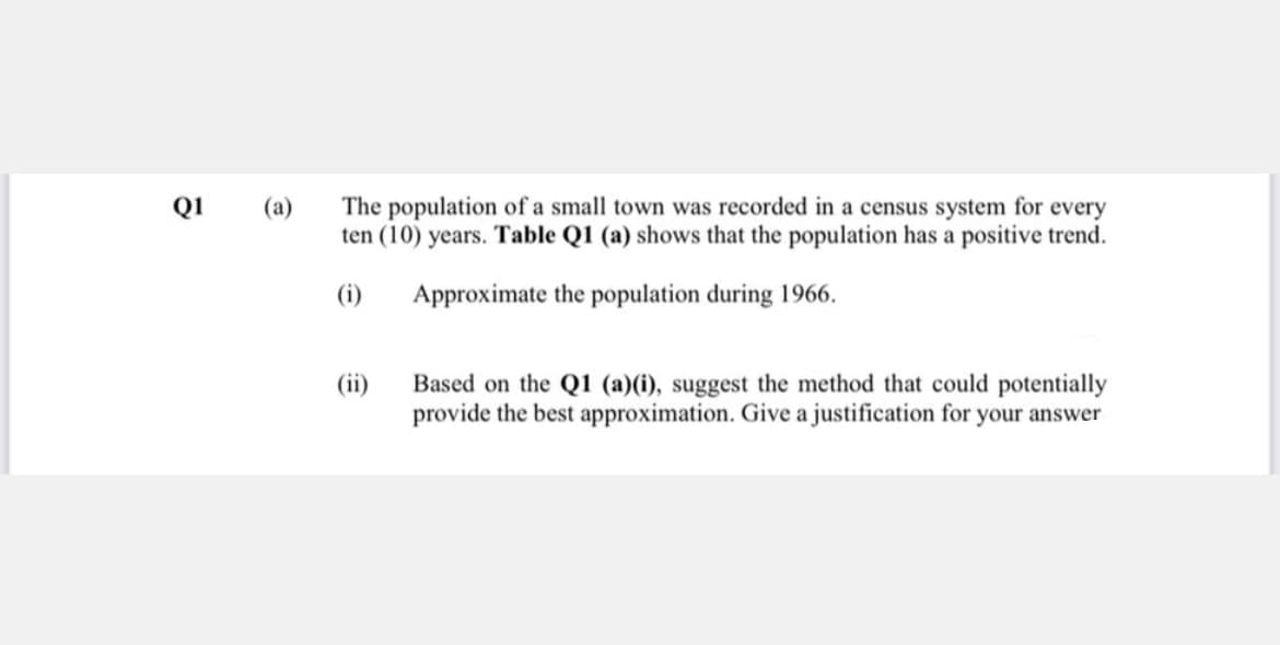 The population of a small town was recorded in a census system for every
ten (10) years. Table Q1 (a) shows that the population has a positive trend.
Q1
(a)
(i)
Approximate the population during 1966.
(ii)
Based on the Q1 (a)(i), suggest the method that could potentially
provide the best approximation. Give a justification for your answer
