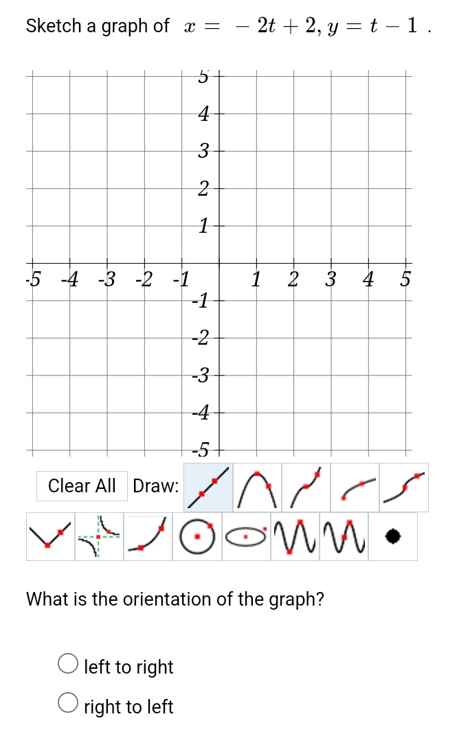 Sketch a graph of x =
-5 -4 -3 -2 -1
Clear All Draw:
5
left to right
right to left
3
2
-1
-2
-3
-4
-5
- 2 + 2, y = t-1.
0
1
2 3 4 5
مره ۸۴ کو
•
MM
What is the orientation of the graph?