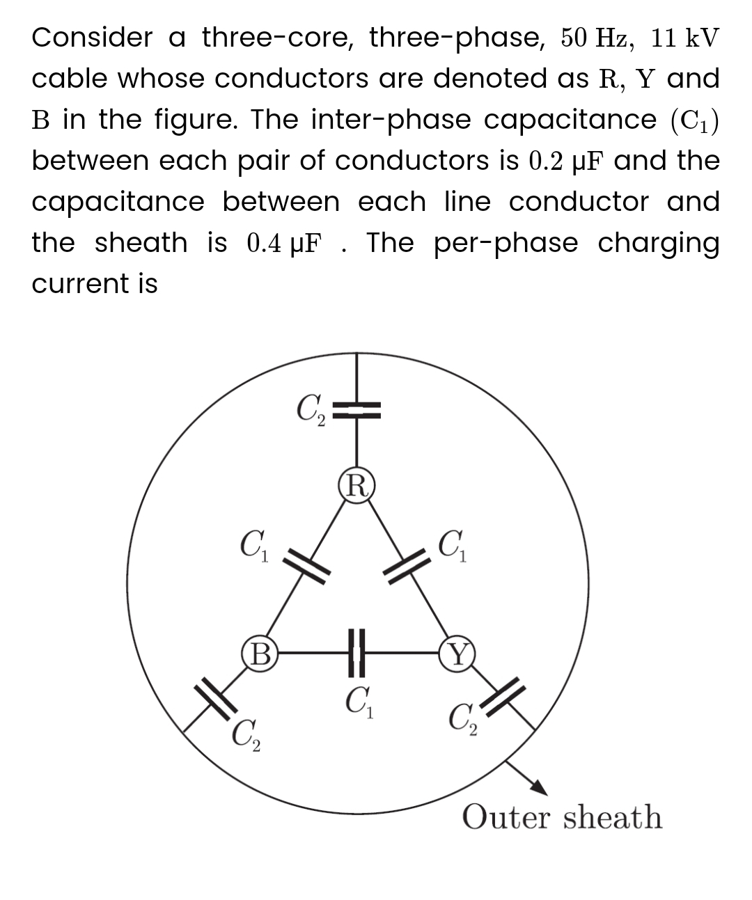 50 Hz, 11 kV
Consider a three-core, three-phase,
cable whose conductors are denoted as R, Y and
B in the figure. The inter-phase capacitance (C₁)
between each pair of conductors is 0.2 µF and the
capacitance between each line conductor and
the sheath is 0.4 μF. The per-phase charging
current is
C₁
(B)
C₂
C₂:
(R
HH
C₁₂
C₁
C₂
Outer sheath