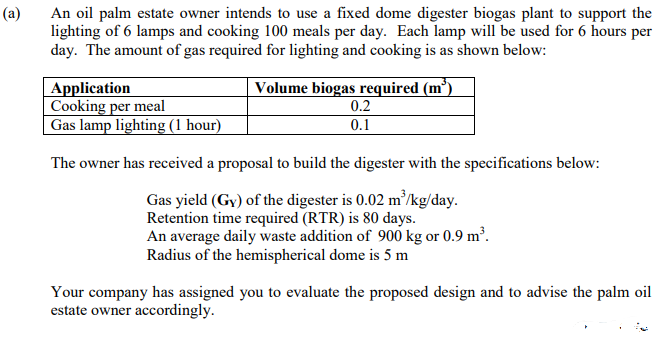 (a)
An oil palm estate owner intends to use a fixed dome digester biogas plant to support the
lighting of 6 lamps and cooking 100 meals per day. Each lamp will be used for 6 hours per
day. The amount of gas required for lighting and cooking is as shown below:
Volume biogas required (m³)
Application
Cooking per meal
0.2
Gas lamp lighting (1 hour)
0.1
The owner has received a proposal to build the digester with the specifications below:
Gas yield (Gy) of the digester is 0.02 m³/kg/day.
Retention time required (RTR) is 80 days.
An average daily waste addition of 900 kg or 0.9 m³.
Radius of the hemispherical dome is 5 m
Your company has assigned you to evaluate the proposed design and to advise the palm oil
estate owner accordingly.