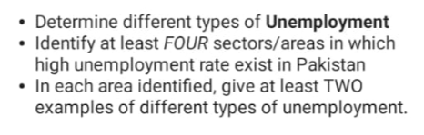 .
• Determine different types of Unemployment
• Identify at least FOUR sectors/areas in which
high unemployment rate exist in Pakistan
• In each area identified, give at least TWO
examples of different types of unemployment.