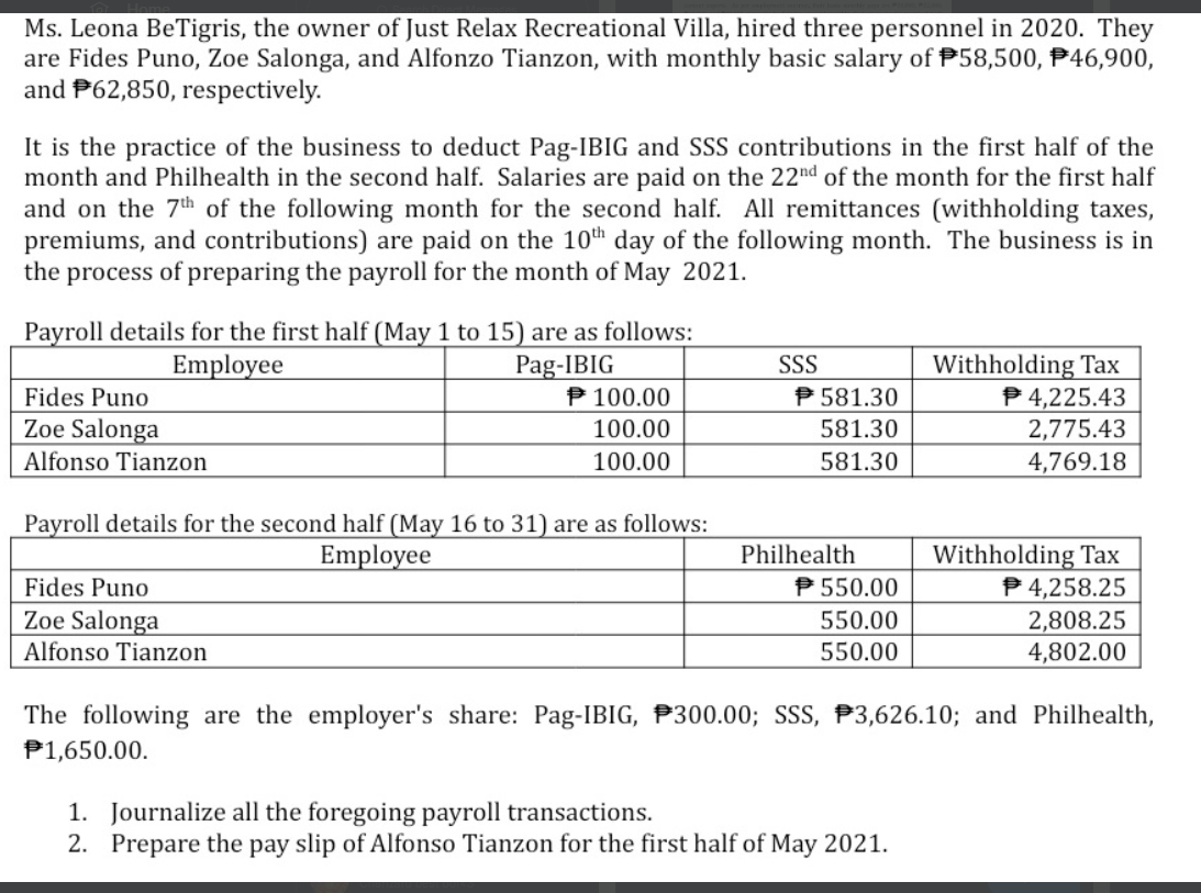 Ms. Leona BeTigris, the owner of Just Relax Recreational Villa, hired three personnel in 2020. They
are Fides Puno, Zoe Salonga, and Alfonzo Tianzon, with monthly basic salary of $58,500, $46,900,
and P62,850, respectively.
It is the practice of the business to deduct Pag-IBIG and SSS contributions in the first half of the
month and Philhealth in the second half. Salaries are paid on the 22nd of the month for the first half
and on the 7th of the following month for the second half. All remittances (withholding taxes,
premiums, and contributions) are paid on the 10th day of the following month. The business is in
the process of preparing the payroll for the month of May 2021.
Payroll details for the first half (May 1 to 15) are as follows:
Employee
Pag-IBIG
SSS
Withholding Tax
P4,225.43
Fides Puno
100.00
Zoe Salonga
100.00
2,775.43
Alfonso Tianzon
100.00
4,769.18
Payroll details for the second half (May 16 to 31) are as follows:
Employee
Philhealth
Withholding Tax
Fides Puno
550.00
4,258.25
Zoe Salonga
550.00
2,808.25
Alfonso Tianzon
550.00
4,802.00
The following are the employer's share: Pag-IBIG, 300.00; SSS, #3,626.10; and Philhealth,
$1,650.00.
1. Journalize all the foregoing payroll transactions.
2. Prepare the pay slip of Alfonso Tianzon for the first half of May 2021.
581.30
581.30
581.30