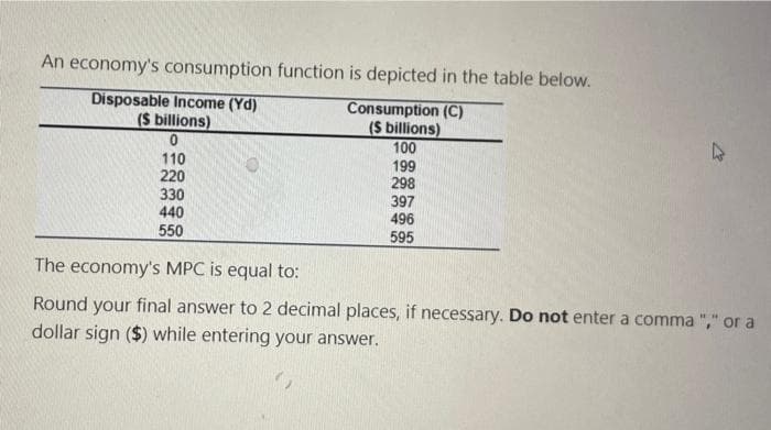 An economy's consumption function is depicted in the table below.
Consumption (C)
($ billions)
100
199
298
Disposable Income (Yd)
($ billions)
0
110
220
330
440
550
397
496
595
W
The economy's MPC is equal to:
Round your final answer to 2 decimal places, if necessary. Do not enter a comma "," or a
dollar sign ($) while entering your answer.