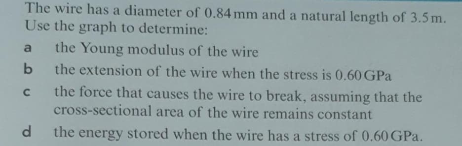 The wire has a diameter of 0.84 mm and a natural length of 3.5 m.
Use the graph to determine:
a
the Young modulus of the wire
b
the extension of the wire when the stress is 0.60 GPa
the force that causes the wire to break, assuming that the
cross-sectional area of the wire remains constant
d.
the energy stored when the wire has a stress of 0.60 GPa.
C1
