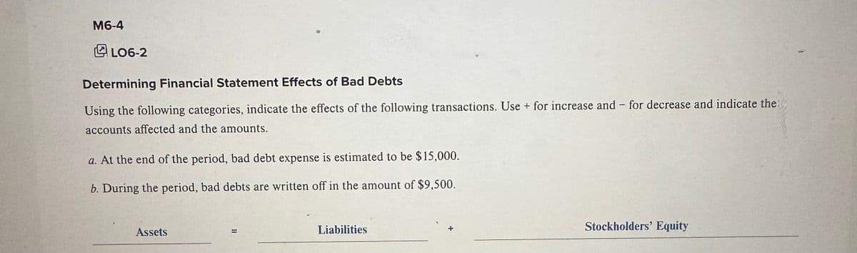 M6-4
LO6-2
Determining Financial Statement Effects of Bad Debts
-
Using the following categories, indicate the effects of the following transactions. Use + for increase and for decrease and indicate the
accounts affected and the amounts.
a. At the end of the period, bad debt expense is estimated to be $15,000.
b. During the period, bad debts are written off in the amount of $9,500.
Assets
=
Liabilities
Stockholders' Equity