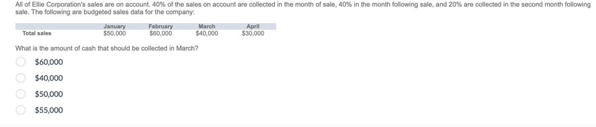 All of Ellie Corporation's sales are on account. 40% of the sales on account are collected in the month of sale, 40% in the month following sale, and 20% are collected in the second month following
sale. The following are budgeted sales data for the company:
Total sales
January
$50,000
February
$60,000
What is the amount of cash that should be collected in March?
○
$60,000
○ $40,000
○ $50,000
○ $55,000
March
$40,000
April
$30,000