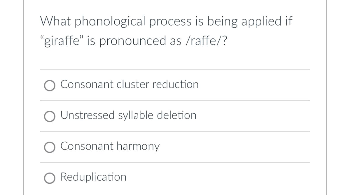 What phonological process is being applied if
"giraffe" is pronounced as /raffe/?
Consonant cluster reduction
O Unstressed syllable deletion
O Consonant harmony
O Reduplication