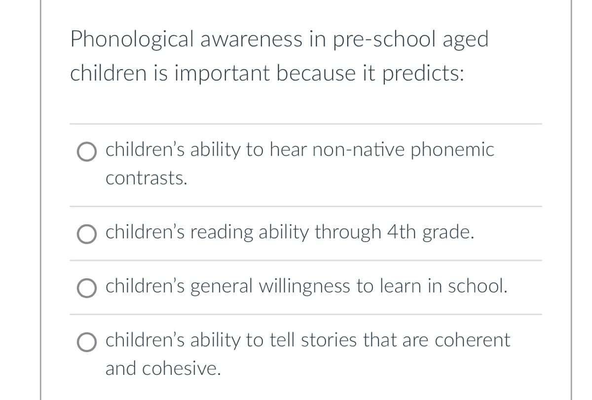 Phonological awareness in pre-school aged
children is important because it predicts:
O children's ability to hear non-native phonemic
contrasts.
O children's reading ability through 4th grade.
children's general willingness to learn in school.
O children's ability to tell stories that are coherent
and cohesive.