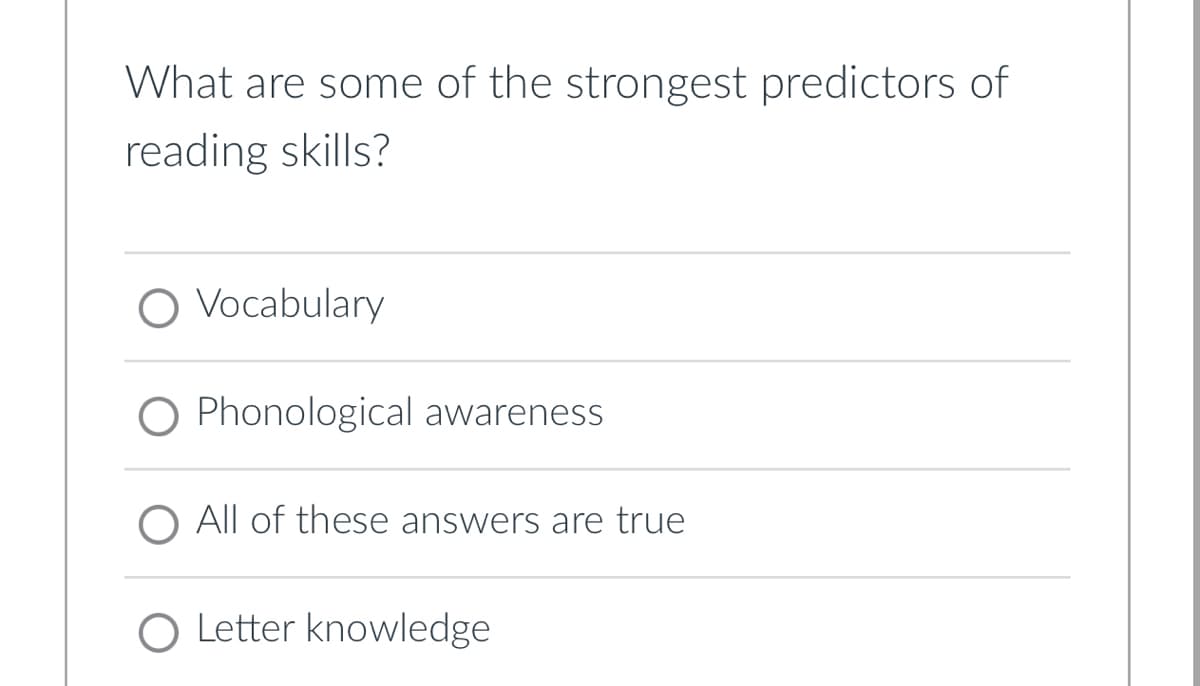 What are some of the strongest predictors of
reading skills?
O Vocabulary
Phonological awareness
All of these answers are true
O Letter knowledge