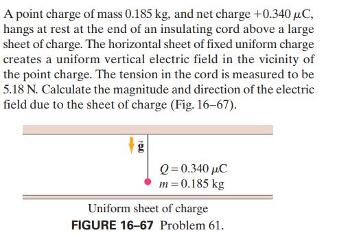 A point charge of mass 0.185 kg, and net charge +0.340 µC,
hangs at rest at the end of an insulating cord above a large
sheet of charge. The horizontal sheet of fixed uniform charge
creates a uniform vertical electric field in the vicinity of
the point charge. The tension in the cord is measured to be
5.18 N. Calculate the magnitude and direction of the electric
field due to the sheet of charge (Fig. 16–67).
Q=0.340 µC
m=0.185 kg
Uniform sheet of charge
FIGURE 16-67 Problem 61.
100
