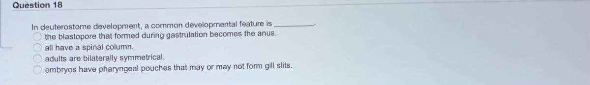 Question 18
In deuterostome development, a common developmental feature is
the blastopore that formed during gastrulation becomes the anus.
all have a spinal column.
adults are bilaterally symmetrical.
embryos have pharyngeal pouches that may or may not form gill slits.
