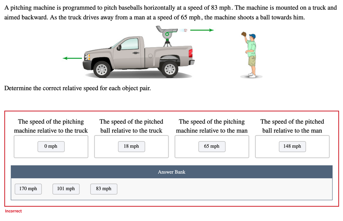 A pitching machine is programmed to pitch baseballs horizontally at a speed of 83 mph. The machine is mounted on a truck and
aimed backward. As the truck drives away from a man at a speed of 65 mph, the machine shoots a ball towards him.
Determine the correct relative speed for each object pair.
The speed of the pitching
The speed of the pitched
The speed of the pitching
The speed of the pitched
machine relative to the man
ball relative to the man
machine relative to the truck
ball relative to the truck
65 mph
148 mph
0 mph
18 mph
Answer Bank
170 mph
101 mph
83 mph
Incorrect
