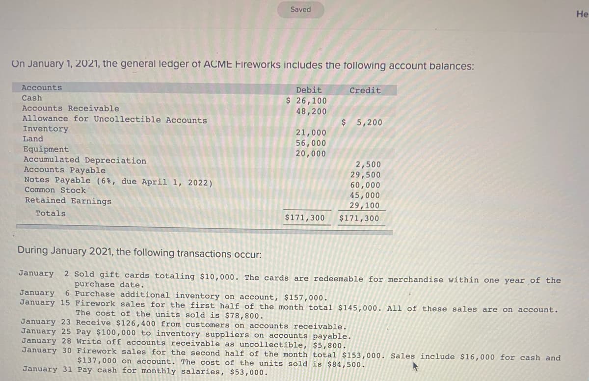 On January 1, 2021, the general ledger of ACME Fireworks includes the following account balances:
Accounts
Cash
Accounts Receivable.
Allowance for Uncollectible Accounts
Inventory
Land
Equipment
Accumulated Depreciation
Saved
Accounts Payable
Notes Payable (6%, due April 1, 2022)
Common Stock
Retained Earnings
Totals
Debit
$ 26,100
48,200
21,000
56,000
20,000
Credit
$ 5,200
2,500
29,500
60,000
45,000
29,100
$171,300 $171,300
During January 2021, the following transactions occur:
January 2 Sold gift cards totaling $10,000. The cards are redeemable for merchandise within one year of the
purchase date.
January 6 Purchase additional inventory on account, $157,000.
January 15 Firework sales for the first half of the month total $145,000. All of these sales are on account.
The cost of the units sold is $78,800.
January 23 Receive $126,400 from customers on accounts receivable.
January 25 Pay $100,000 to inventory suppliers on accounts payable.
January 28 Write off accounts receivable as uncollectible, $5,800.
January 30 Firework sales for the second half of the month total $153,000. Sales include $16,000 for cash and
$137,000 on account. The cost of the units sold is $84,500.
January 31 Pay cash for monthly salaries, $53,000.
He