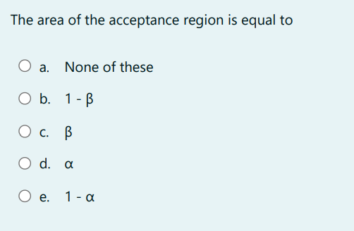 The area of the acceptance region is equal to
O a.
None of these
1-B
O b.
О с. В
O d. a
e.
1-α