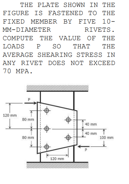THE PLATE SHOWN IN THE
FIGURE IS FASTENED TO THE
FIXED MEMBER BY FIVE 10-
MM-DIAMETER
RIVETS.
COMPUTE THE VALUE OF THE
LOADS
P
SO
THAT
THE
AVERAGE SHEARING STRESS IN
ANY RIVET DOES NOT EXCEED
70 MPΑ.
120 mm
80 mm
40 mm
40 mm
80 mm
100 mm
120 mm
