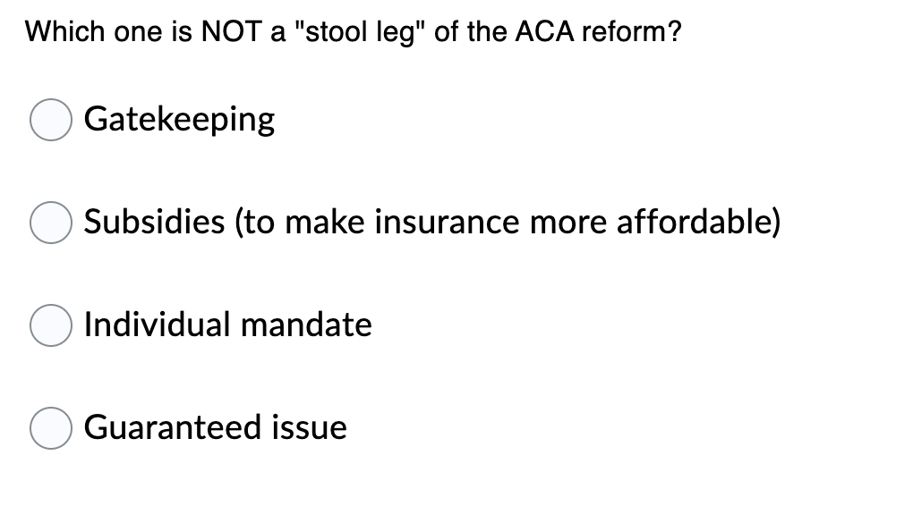 Which one is NOT a "stool leg" of the ACA reform?
Gatekeeping
Subsidies (to make insurance more affordable)
Individual mandate
Guaranteed issue
