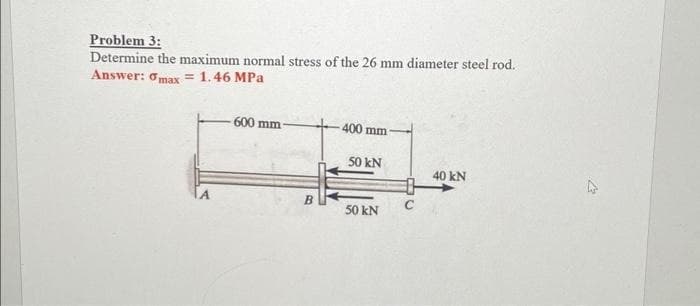 Problem 3:
Determine the maximum normal stress of the 26 mm diameter steel rod.
Answer: omax = 1.46 MPa
600 mm
B
400 mm
50 kN
50 KN
40 kN