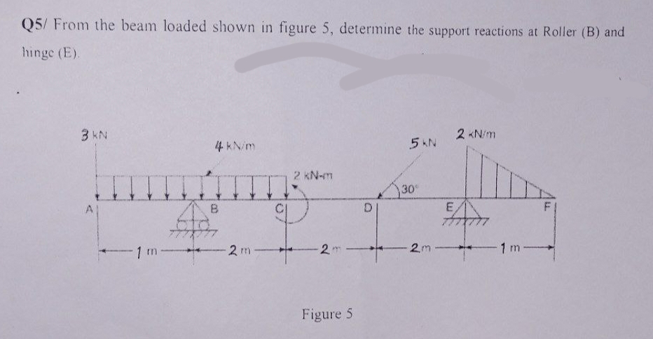 Q5/ From the beam loaded shown in figure 5, determine the support reactions at Roller (B) and
hinge (E).
3 KN
1 m
4 kN/m
8
4774
2m
2 kN-m
2m
Figure 5
D
5 KN
30°
2m
2 kN/m
E
#
1 m
FI