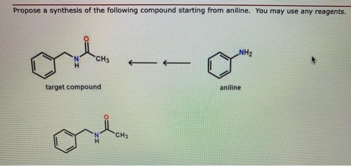 Propose a synthesis of the following compound starting from aniline. You may use any reagents.
NH2
CH3
aniline
target compound
CH3
