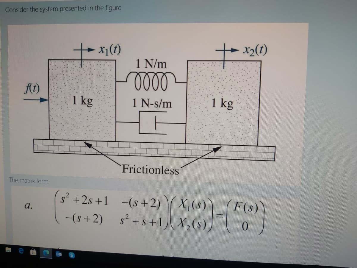 Consider the system presented in the figure
x1(t)
x2(1)
1 N/m
0000
At)
1 kg
1 N-s/m
1 kg
Frictionless
The matrix form
*+2++1 -(+2) X, (6))(F)
X,(s)
-(s +2) s +s+1X,(s),
F(s)
a.
