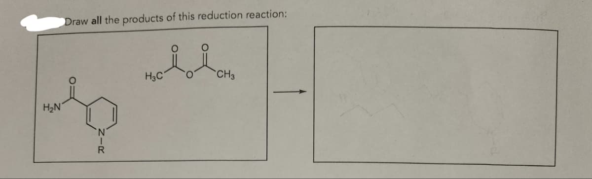 Draw all the products of this reduction reaction:
H₂N
O=
ZIR
H3C
O
CH3