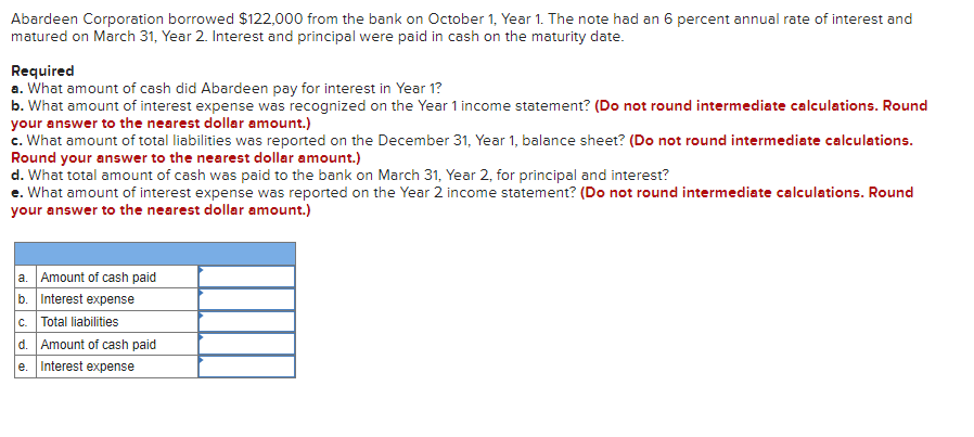 Abardeen Corporation borrowed $122,000 from the bank on October 1, Year 1. The note had an 6 percent annual rate of interest and
matured on March 31, Year 2. Interest and principal were paid in cash on the maturity date.
Required
a. What amount of cash did Abardeen pay for interest in Year 1?
b. What amount of interest expense was recognized on the Year 1 income statement? (Do not round intermediate calculations. Round
your answer to the nearest dollar amount.)
c. What amount of total liabilities was reported on the December 31, Year 1, balance sheet? (Do not round intermediate calculations.
Round your answer to the nearest dollar amount.)
d. What total amount of cash was paid to the bank on March 31, Year 2, for principal and interest?
e. What amount of interest expense was reported on the Year 2 income statement? (Do not round intermediate calculations. Round
your answer to the nearest dollar amount.)
a. Amount of cash paid
b. Interest expense
c. Total liabilities
d. Amount of cash paid
e. Interest expense