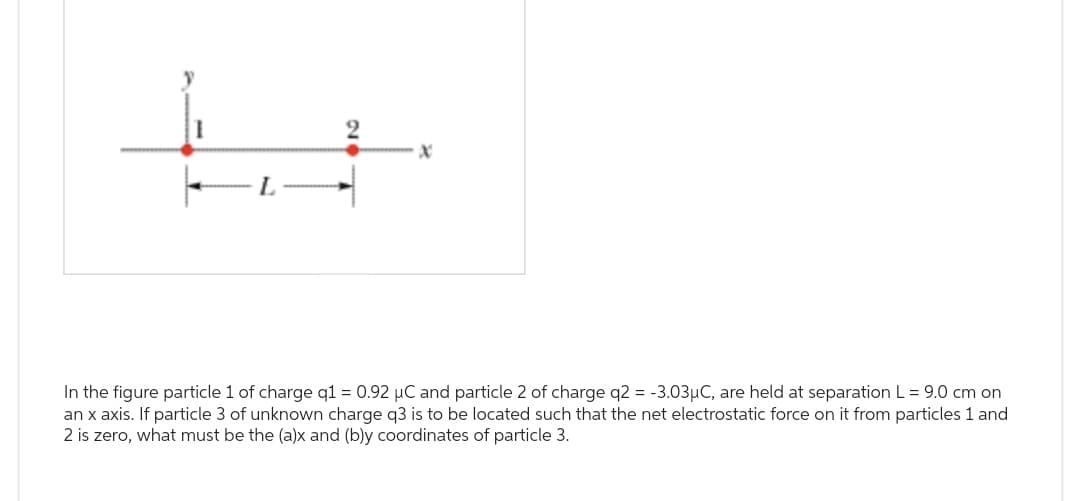 X
L
In the figure particle 1 of charge q1 = 0.92 μC and particle 2 of charge q2 = -3.03μC, are held at separation L = 9.0 cm on
an x axis. If particle 3 of unknown charge q3 is to be located such that the net electrostatic force on it from particles 1 and
2 is zero, what must be the (a)x and (b)y coordinates of particle 3.