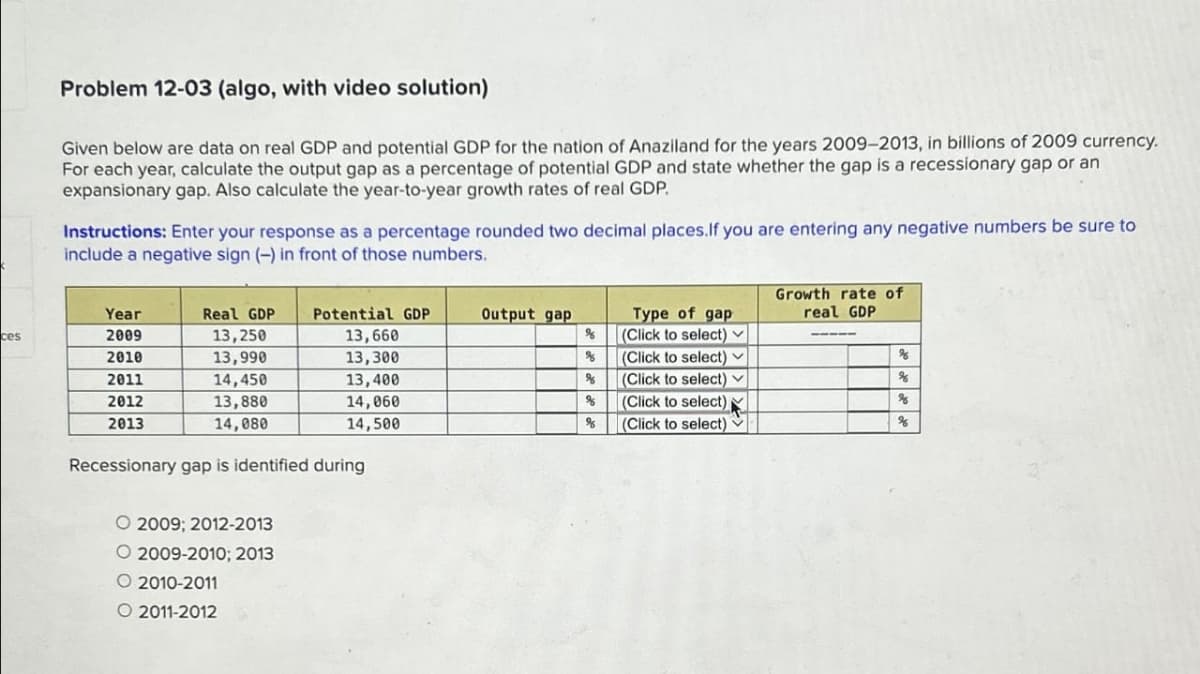 Problem 12-03 (algo, with video solution)
Given below are data on real GDP and potential GDP for the nation of Anaziland for the years 2009-2013, in billions of 2009 currency.
For each year, calculate the output gap as a percentage of potential GDP and state whether the gap is a recessionary gap or an
expansionary gap. Also calculate the year-to-year growth rates of real GDP.
Instructions: Enter your response as a percentage rounded two decimal places.If you are entering any negative numbers be sure to
include a negative sign (-) in front of those numbers.
ces
Year
2009
Real GDP
Potential GDP
Output gap
Type of gap
Growth rate of
real GDP
13,250
13,660
%
(Click to select) ✓
2010
13,990
13,300
%
(Click to select)
2011
14,450
13,400
%
(Click to select)
%
2012
13,880
14,060
%
(Click to select)
8
2013
14,080
14,500
%
(Click to select)
8
Recessionary gap is identified during
O 2009; 2012-2013
O 2009-2010; 2013
O 2010-2011
O 2011-2012