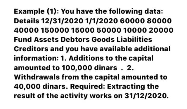 Example (1): You have the following data:
Details 12/31/2020 1/1/2020 60000 80000
40000 150000 15000 50000 10000 20000
Fund Assets Debtors Goods Liabilities
Creditors and you have available additional
information: 1. Additions to the capital
amounted to 100,000 dinars . 2.
Withdrawals from the capital amounted to
40,000 dinars. Required: Extracting the
result of the activity works on 31/12/2020.
