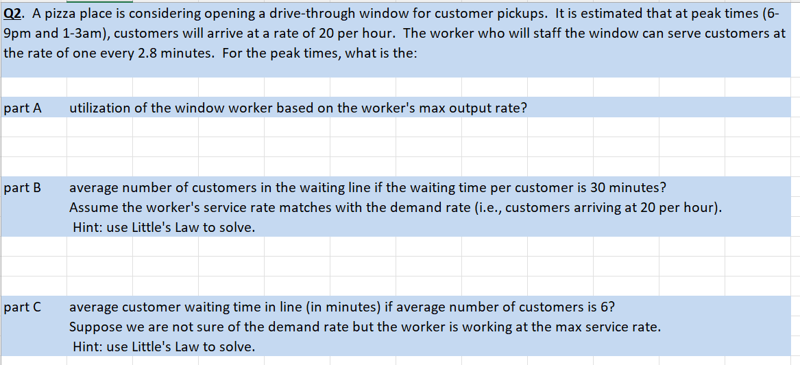 Q2. A pizza place is considering opening a drive-through window for customer pickups. It is estimated that at peak times (6-
9pm and 1-3am), customers will arrive at a rate of 20 per hour. The worker who will staff the window can serve customers at
the rate of one every 2.8 minutes. For the peak times, what is the:
part A
utilization of the window worker based on the worker's max output rate?
part B
average number of customers in the waiting line if the waiting time per customer is 30 minutes?
Assume the worker's service rate matches with the demand rate (i.e., customers arriving at 20 per hour).
Hint: use Little's Law to solve.
part C
average customer waiting time in line (in minutes) if average number of customers is 6?
Suppose we are not sure of the demand rate but the worker is working at the max service rate.
Hint: use Little's Law to solve.
