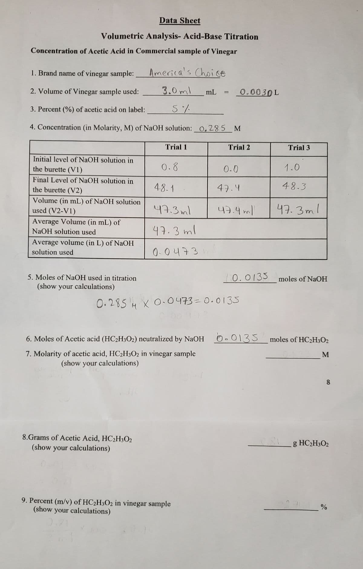 Data Sheet
Volumetric Analysis- Acid-Base Titration
Concentration of Acetic Acid in Commercial sample of Vinegar
1. Brand name of vinegar sample:
America's Choice
2. Volume of Vinegar sample used:
3.0 ml
0.0030L
mL
3. Percent (%) of acetic acid on label:
5%
4. Concentration (in Molarity, M) of NaOH solution: 0.285
Trial 1
Trial 2
Trial 3
Initial level of NaOH solution in
the burette (V1)
0.8
0.0
1.0
Final Level of NaOH solution in
the burette (V2)
48-1
47.4
48.3
Volume (in mL) of NaOH solution
used (V2-V1)
47.3ml
47.4ml
47.3ml
Average Volume (in mL) of
NaOH solution used
47.3 ml
Average volume (in L) of NaOH
solution used
0.0473
5. Moles of NAOH used in titration
10.0135
moles of NaOH
(show your calculations)
0.285 'M x O-0473=0.0135
6. Moles of Acetic acid (HC2H3O2) neutralized by NaOH O. 0135
0-0135
moles of HC2H3O2
7. Molarity of acetic acid, HC2H3O2 in vinegar sample
(show your calculations)
M
8.
8.Grams of Acetic Acid, HC2H3O2
g HC2H3O2
(show your calculations)
9. Percent (m/v) of HC2H3O2 in vinegar sample
(show your calculations)
%
0.21
