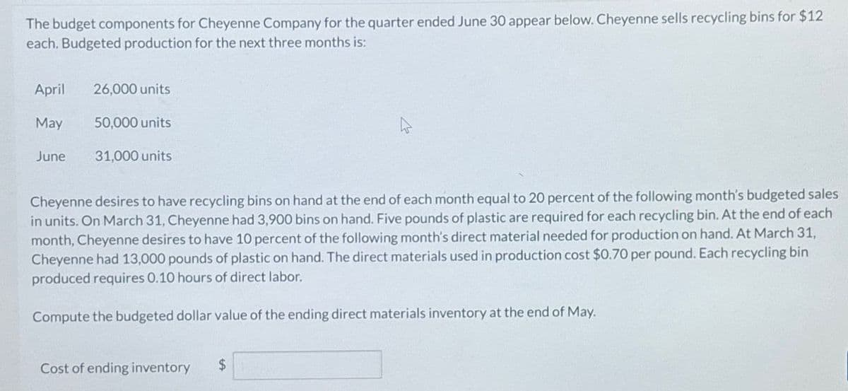 The budget components for Cheyenne Company for the quarter ended June 30 appear below. Cheyenne sells recycling bins for $12
each. Budgeted production for the next three months is:
April
26,000 units
May
50,000 units
June
31,000 units
Cheyenne desires to have recycling bins on hand at the end of each month equal to 20 percent of the following month's budgeted sales
in units. On March 31, Cheyenne had 3,900 bins on hand. Five pounds of plastic are required for each recycling bin. At the end of each
month, Cheyenne desires to have 10 percent of the following month's direct material needed for production on hand. At March 31,
Cheyenne had 13,000 pounds of plastic on hand. The direct materials used in production cost $0.70 per pound. Each recycling bin
produced requires 0.10 hours of direct labor.
Compute the budgeted dollar value of the ending direct materials inventory at the end of May.
Cost of ending inventory $